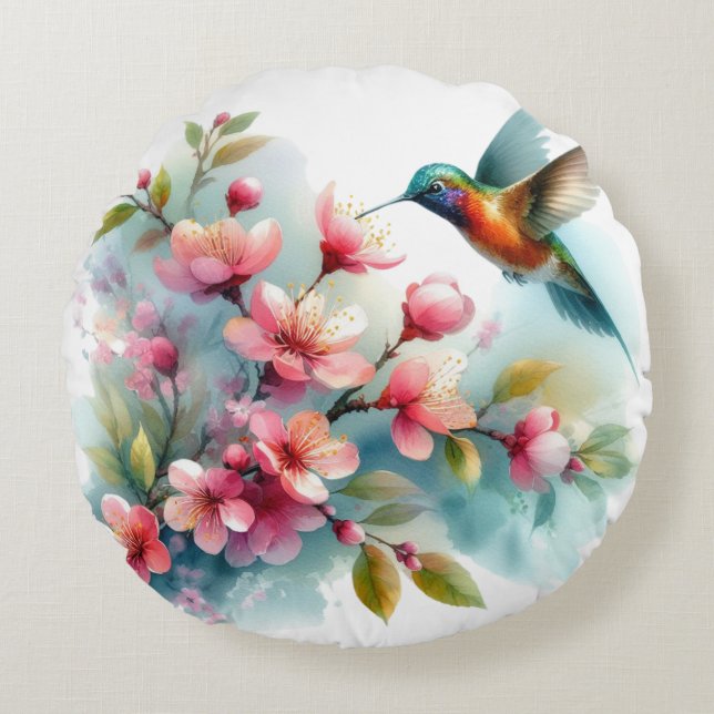 Floral/spring hummingbird artwork  round cushion (Front)