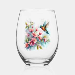 Floral/spring hummingbird artwork stemless wine glass