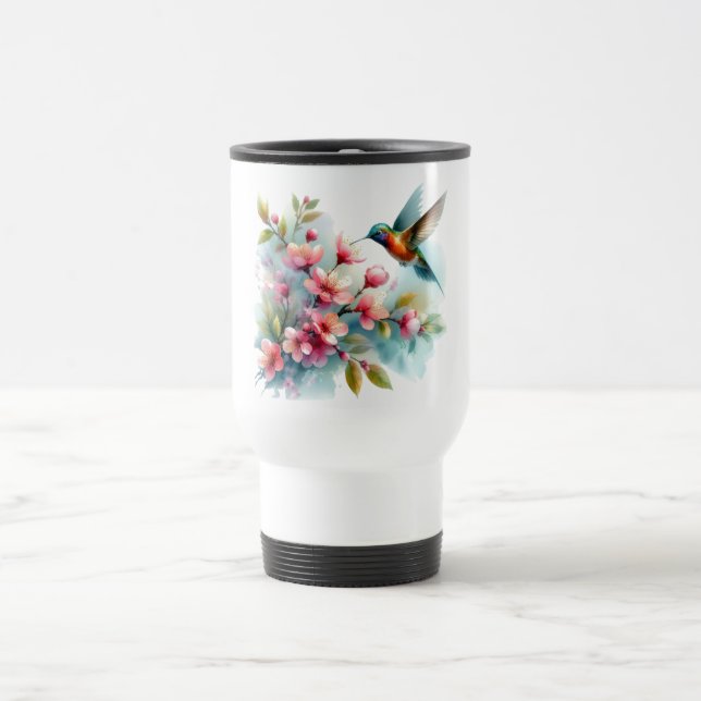 Floral/spring hummingbird artwork  travel mug (Center)