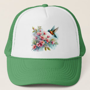 Floral/spring hummingbird artwork trucker hat