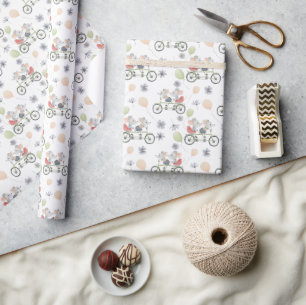 Floral Spring Mice On A Bike With Balloons Pattern Wrapping Paper