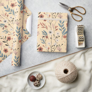 Floral Spring Pattern Red Poppy Flowers and Leaves Wrapping Paper