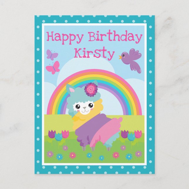 Floral Spring Rainbow Llama & Rainbow Birthday Postcard (Front)