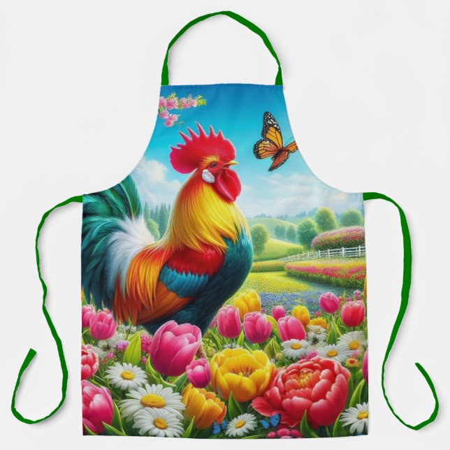 Floral/spring rooster/chicken artwork  apron (Front)