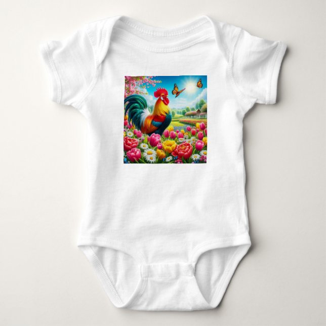 Floral/spring rooster/chicken artwork  baby bodysuit (Front)