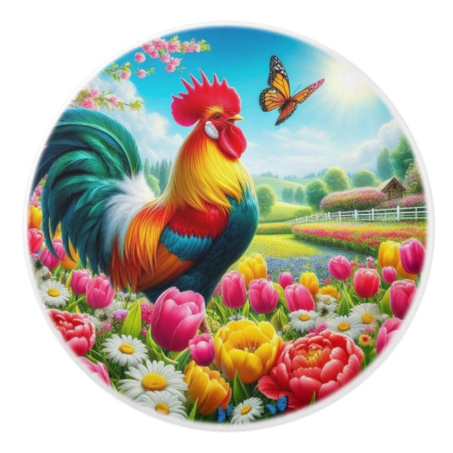 Floral/spring rooster/chicken artwork  ceramic knob (Front)