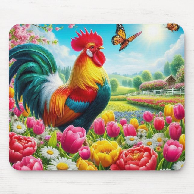 Floral/spring rooster/chicken artwork  mouse pad (Front)