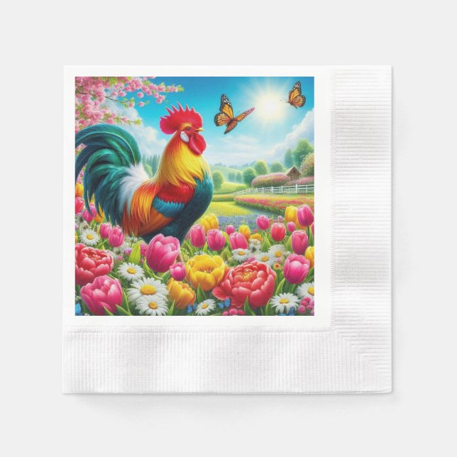 Floral/spring rooster/chicken artwork  napkin (Front)