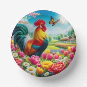 Floral/spring rooster/chicken artwork  paper plate