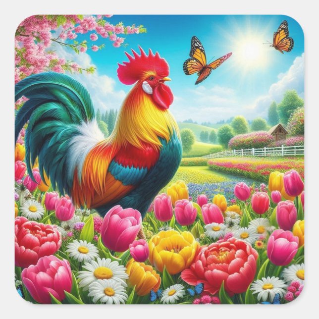 Floral/spring rooster/chicken artwork  square sticker (Front)
