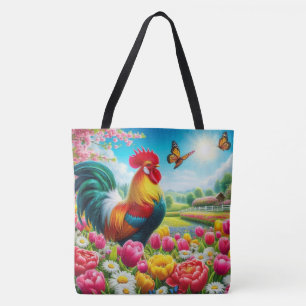 Floral/spring rooster/chicken artwork tote bag