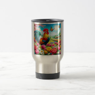 Floral/spring rooster/chicken artwork travel mug