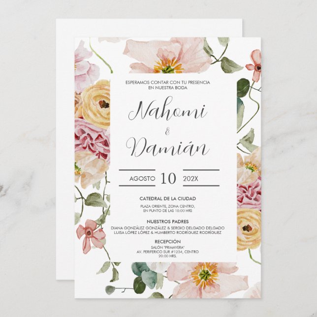 Floral Spring Spanish Wedding Invitation (Front/Back)