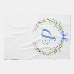 Floral Spring Wreath Custom Monogram Easter Gift Tea Towel