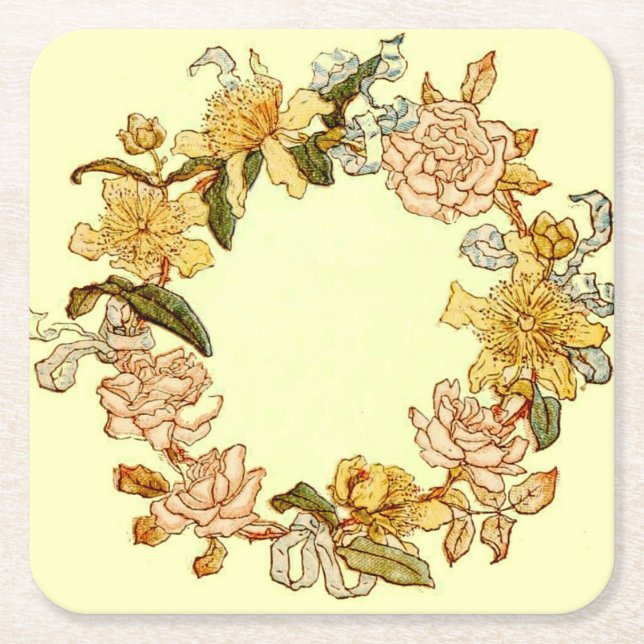 Floral Spring Wreath Flower Pink Flowers Art Square Paper Coaster (Front)