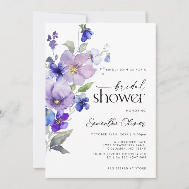 Floral SpringViola Purple Bridal Shower Invitation (Front)