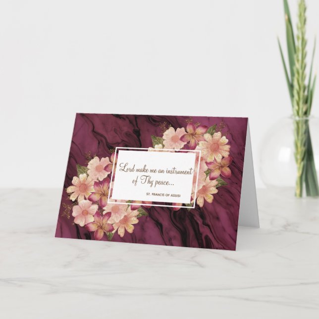Floral St. Francis of Assisi Quote Marble Maroon Card (Front)