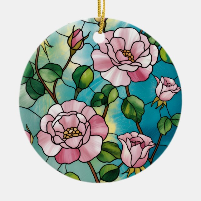 Floral Stained Glass Effect Pink Flowers Botanical Ceramic Tree Decoration (Front)