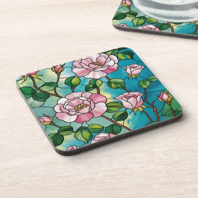 Floral Stained Glass Effect Pink Flowers Botanical Coaster (Left Side)