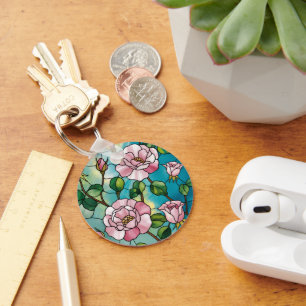 Floral Stained Glass Effect Pink Flowers Botanical Key Ring