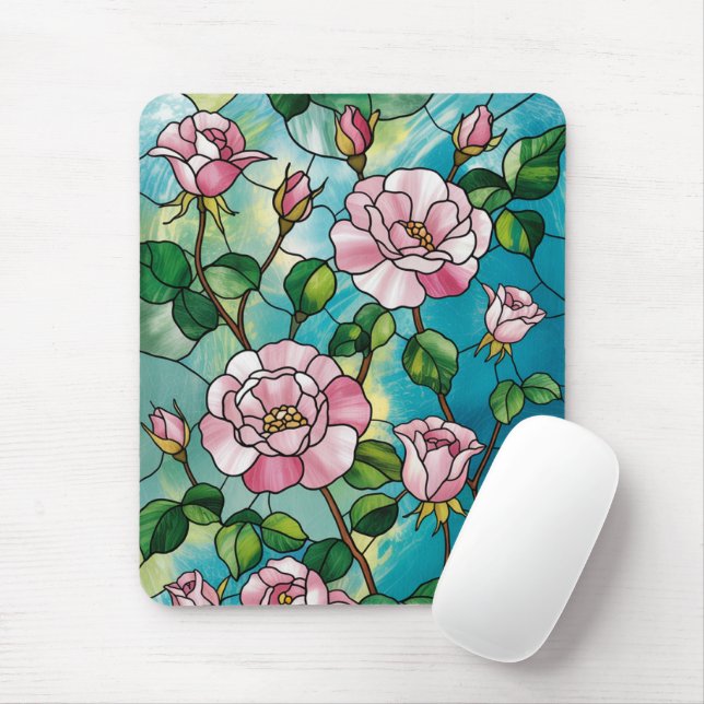 Floral Stained Glass Effect Pink Flowers Botanical Mouse Pad (With Mouse)