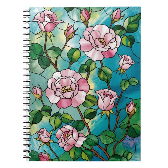 Floral Stained Glass Effect Pink Flowers Botanical Notebook (Front)