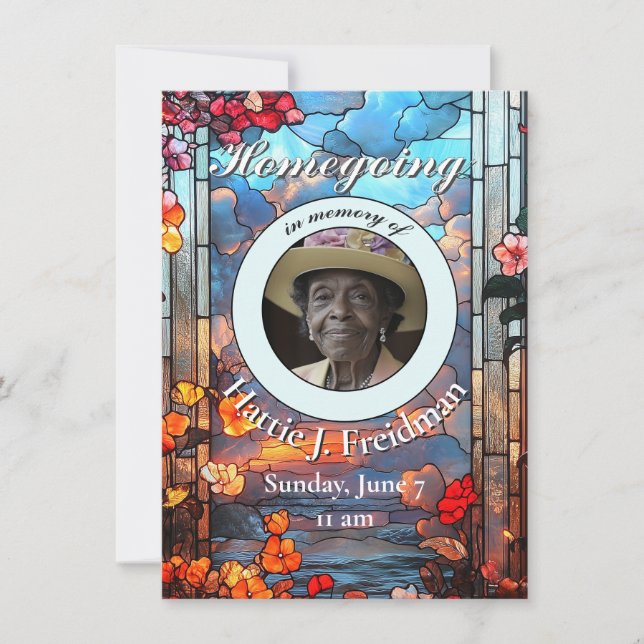 Floral Stained Glass Funeral  Announcement (Front)