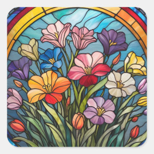 Floral stained glass square sticker