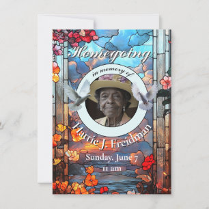 Floral Stained Glass, with doves, Funeral  Announcement