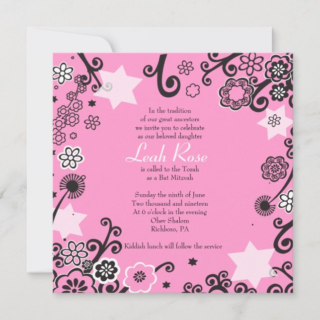Floral Star Bat Mitzvah Invitation Pink (Front)