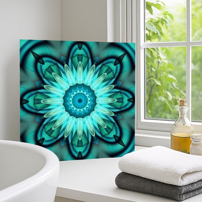Floral Star Geometric Turquoise Teal Tile (Ceramic bathroom tile with an original abstract fractal design in turquoise blue, green and teal)