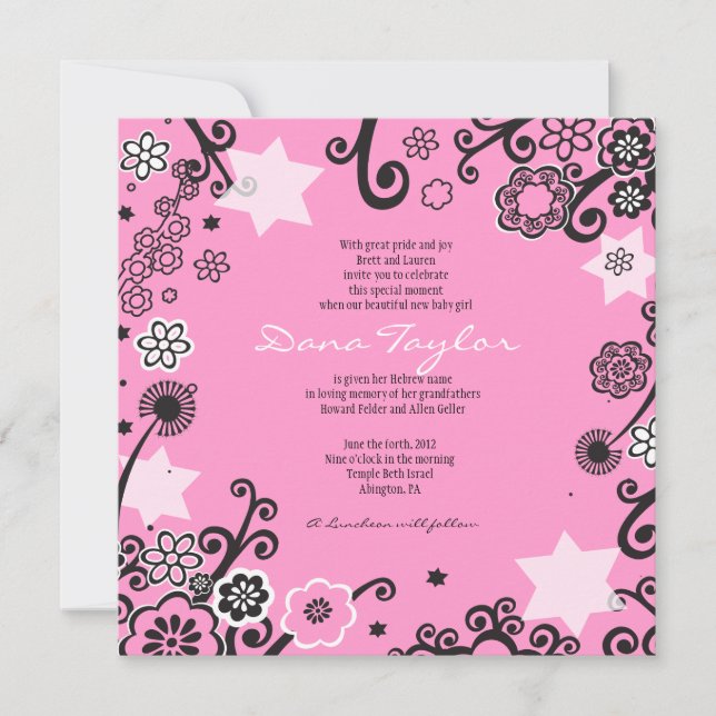 Floral Star Jewish Baby Naming Invitation Pink (Front)
