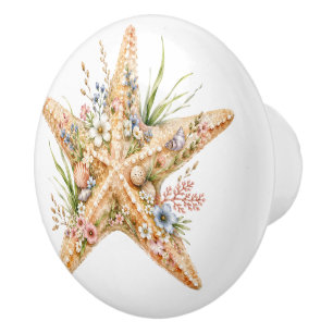 Floral Starfish Ocean Coastal Beach Accent Ceramic Knob