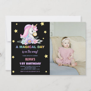 Floral Stars Unicorns Birthday Invitations photo