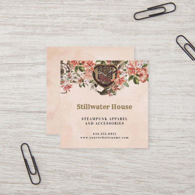 Floral Steampunk Square Business Card (Front/Back In Situ)
