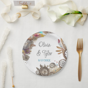 Floral Steampunk Wedding Date and Names Paper Plate
