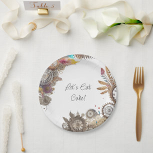 Floral Steampunk Wedding Date and Names Paper Plate