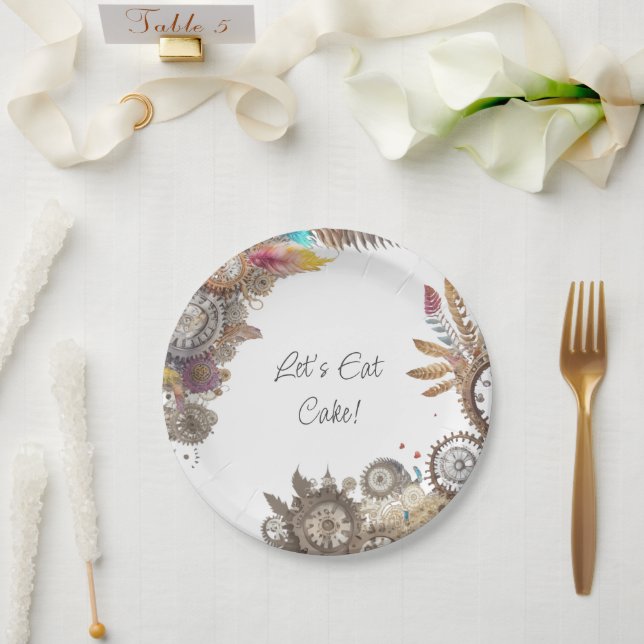 Floral Steampunk Wedding Date and Names Paper Plate (Wedding)