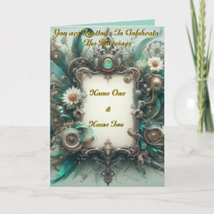Floral Steampunk Wedding Green and Silver Invitation