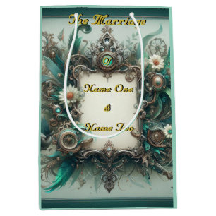 Floral Steampunk Wedding Green and Silver Medium Gift Bag