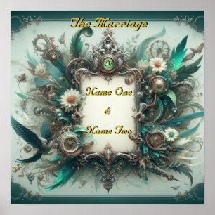 Floral Steampunk Wedding Green and Silver Poster