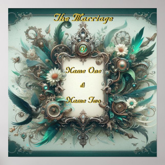Floral Steampunk Wedding Green and Silver  Poster (Front)