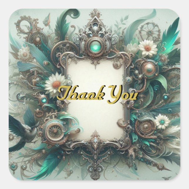 Floral Steampunk Wedding Green and Silver Square Sticker (Front)