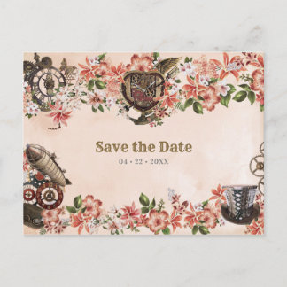 Floral Steampunk Wedding Save the Date Postcard
