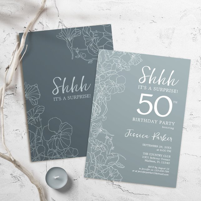Floral Steel Blue Botanical Surprise 50th Birthday Invitation (Creator Uploaded)