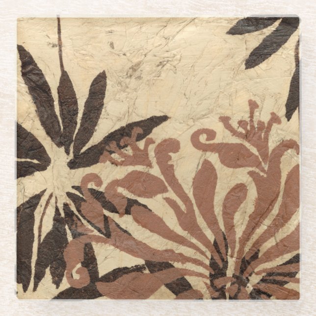 Floral Stencil Design with Tawny Leaves Glass Coaster (Front)