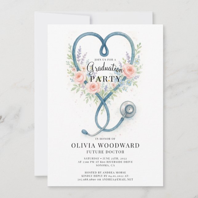 Floral Stethoscope Doctor Graduation Invitation (Front)