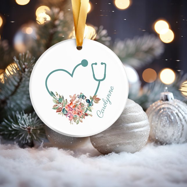 Floral Stethoscope Heart Medical Nurse Caregiver Ceramic Tree Decoration (Teal Turquoise Floral Stethoscope Heart Medical Nurse Caregiver Ceramic Ornament)