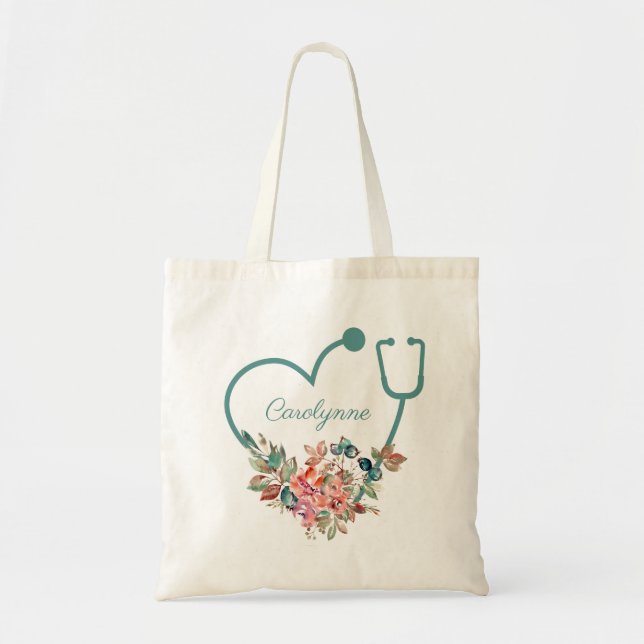 Floral Stethoscope Heart Medical Nurse Doctor Tote Bag (Front)