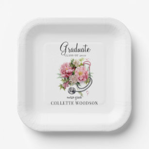 Floral Stethoscope Nurse Grad Class 20XX Paper Plate